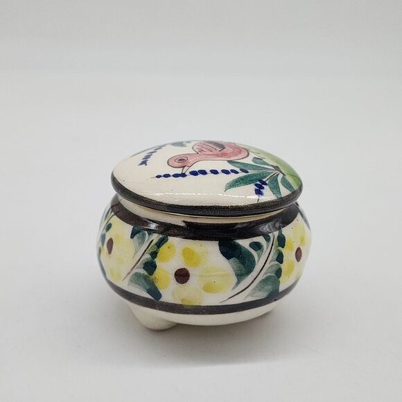 Mexican Hand Painted Ceramic Trinket Box With Floral & Red Bird 3" Diameter - Picture 7 of 8
